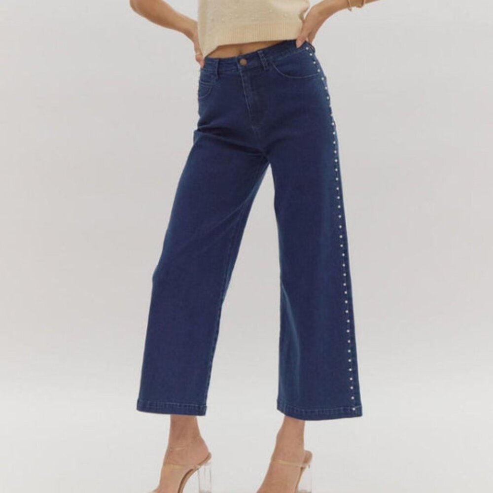 Entro Pearl Embelished Wide Leg Dark Denim Womens Jeans